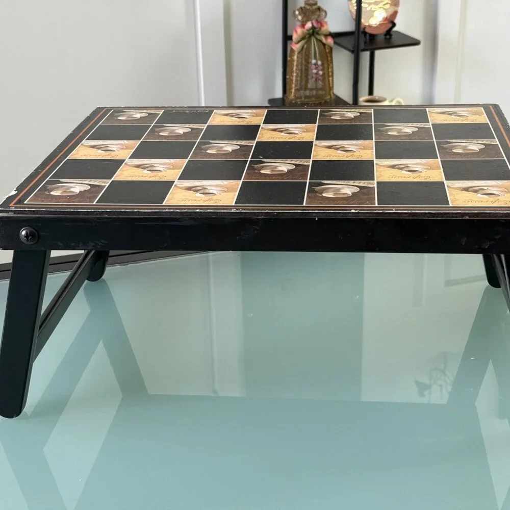 Chess Board Table Vintage Wooden Checkers Combo Game Autor Signed Making a Coffe - Picture 5 of 11